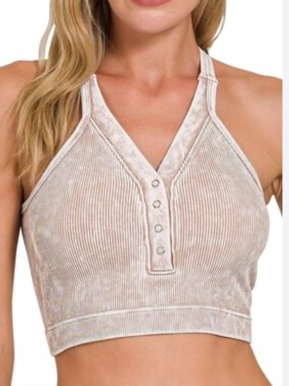 Zenana Ash Mocha Ribbed Brami Button Front Henley Cropped Tank